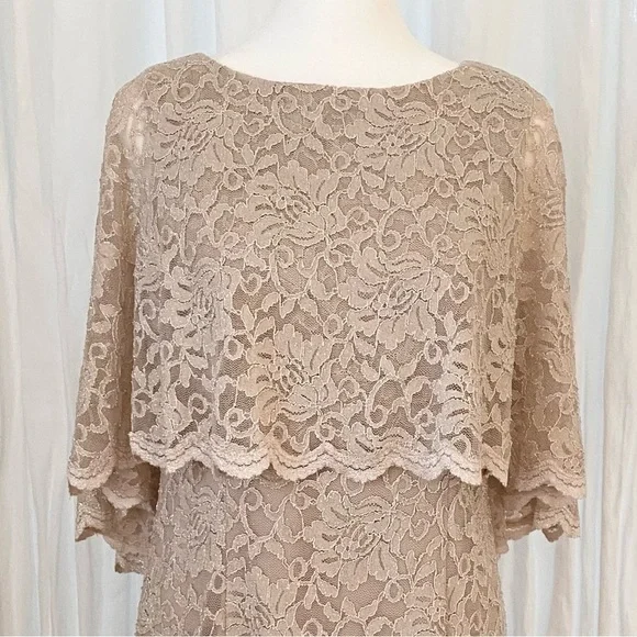 Jessica Howard Scalloped Shimmer Stretch Lace Capelet Dress Champagne 10P